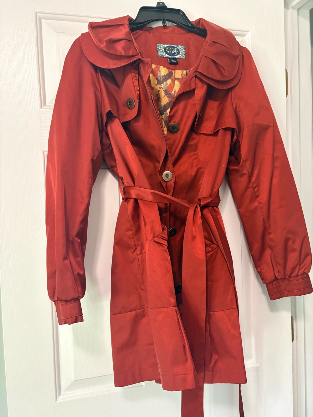 Red Belted Trench Coat with Statement Collar